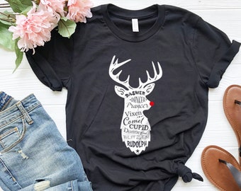 Camisa de reno de Navidad, Renos de nariz roja de Santa, Camisa de Nochevieja, Regalo de Navidad hecho a mano, Dasher Blitzen, Regalo de Navidad