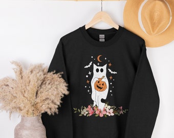 Floral Ghost Cat Halloween Shirt, Halloween Cat Shirt, Cat Lover Shirt, Black Cat Shirt, Spooky Season, Pumpkin Shirt, Graphic Oversized Tee