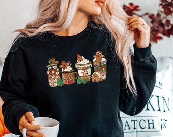 Gingerbread Christmas Coffee Shirt, Christmas coffee Sweatshirt, Coffee Lover gift, Latte drink Crewneck, women Holiday sweater, Xmas Tee