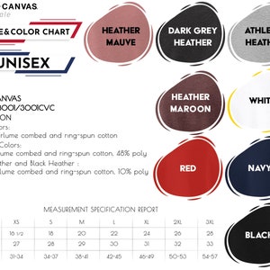 Puede incluir: Tabla de tallas unisex Bella + Canvas con muestras de color para malva jaspeado, gris jaspeado oscuro, jaspeado atl&eacute;tico, granate jaspeado, blanco, rojo, azul marino y negro. La tabla incluye medidas de talla para ancho, largo y pecho en pulgadas.