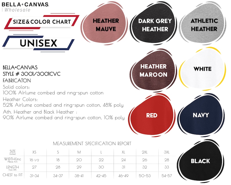 Puede incluir: Tabla de tallas unisex Bella + Canvas con muestras de color para malva jaspeado, gris jaspeado oscuro, jaspeado atl&eacute;tico, granate jaspeado, blanco, rojo, azul marino y negro. La tabla incluye medidas de talla para ancho, largo y pecho en pulgadas.