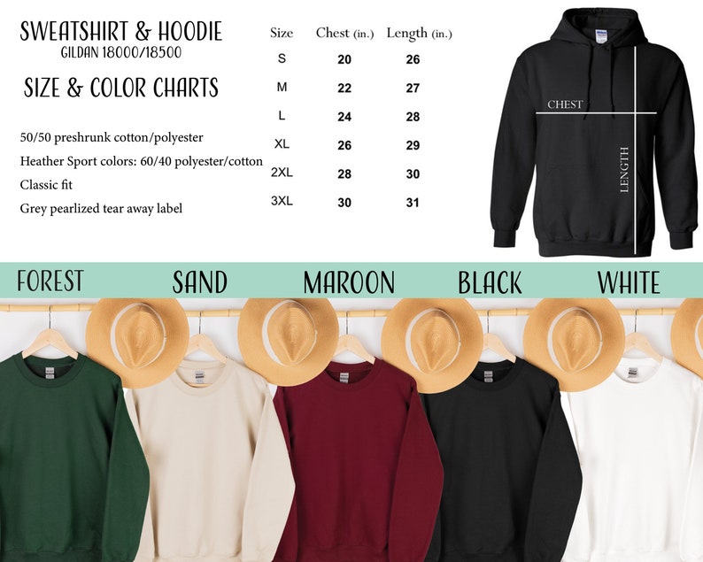 Puede incluir: Tabla de tallas para sudaderas y sudaderas con capucha Gildan 18000/18500. La tabla muestra las medidas de pecho y longitud en pulgadas para las tallas S, M, L, XL, 2XL y 3XL. La tabla tambi&eacute;n muestra cinco opciones de color diferentes: Bosque, Arena, Marr&oacute;n, Negro y Blanco.