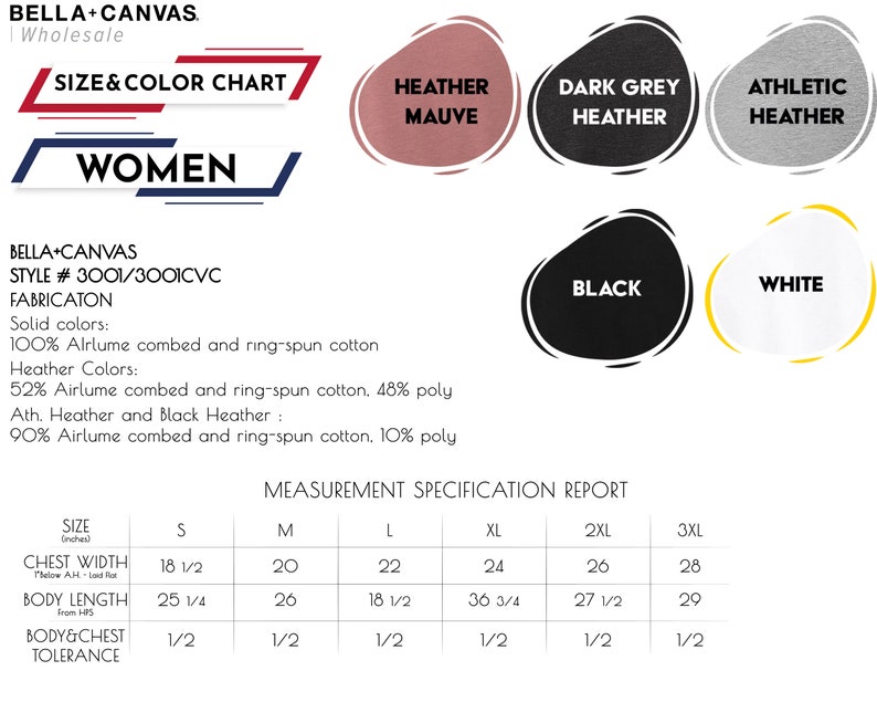 Puede incluir: Una tabla de tallas y colores para camisetas de mujer de Bella + Canvas. La tabla muestra los diferentes colores y tallas disponibles, as&iacute; como la composici&oacute;n del tejido. El tejido es 100% algod&oacute;n peinado y hilado en anillo airlume para los colores s&oacute;lidos y 52% algod&oacute;n peinado y hilado en anillo airlume, 48% poli&eacute;ster para los colores jaspeado. La tabla tambi&eacute;n incluye un informe de especificaciones de medici&oacute;n con las medidas de ancho de pecho, longitud del cuerpo y tolerancia del cuerpo y el pecho en pulgadas.