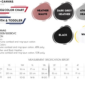 Puede incluir: Tabla de tallas y colores para ni&ntilde;os y beb&eacute;s Bella+Canvas. La tabla muestra los diferentes tama&ntilde;os y colores disponibles para el estilo Bella+Canvas 3001/3001CVC. La tabla incluye los siguientes colores: Heather Mauve, Dark Grey Heather, Athletic Heather, Black, y White. La tabla tambi&eacute;n incluye las siguientes tallas: YS, YM, YL, YXL, 2T, 3T, 4T, y 5T. La tabla tambi&eacute;n incluye las siguientes medidas: ancho y largo.