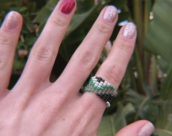 Wide beaded ring with abstract green pattern green pattern gift