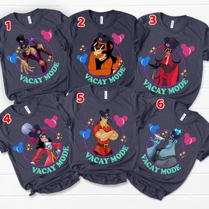 May include: Six navy blue t-shirts with different Disney characters wearing sunglasses and Mickey Mouse ears. Each shirt has the text "Vacay Mode" in a green and white font.