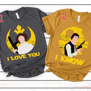 Retro Star Wars Te amo Sé camiseta unisex, camisa de pareja de la princesa Leia Han Solo, camiseta de pareja de Disney, camisa de Disneyland Leia Han Solo