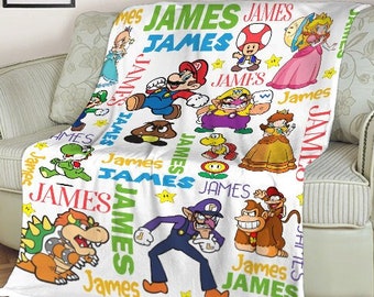 Personalized Super Mario Blanket, Mario Character Blanket Mario Luigi Wario Waluigi Peach Daisy Yoshi Toad Blanket Custom Name Mario Blanket