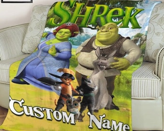 Gepersonaliseerde Shrek Characters Deken, Aangepaste Naam Shrek Papa Moeder Baby Deken, Shrek Princess Fiona Deken Cadeau, Kerst Familie Deken