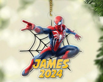 Adorno de superhéroe personalizado, adorno de Navidad personalizado, adorno de Navidad para niños, adorno de nombre personalizado de acrílico de forma personalizada de Spiderman