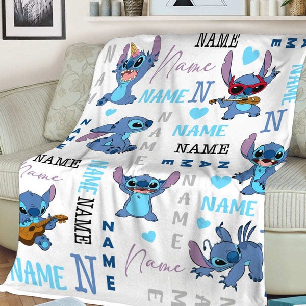 Personalized Stitch Sherpa Blanket, Disney Stitch Baby Blanket, Custom Name Stitch Lilo Blanket, Stitch Birthday Blanket, Christmas Blanket