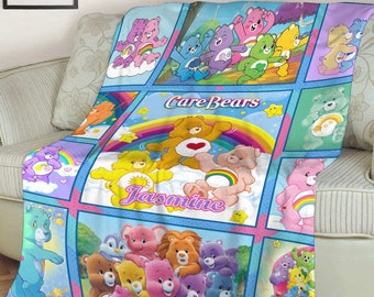 Coperta trapuntata personalizzata per gli orsetti della cura, coperta in pile per gli orsetti della cura, regalo di compleanno degli orsetti della cura per i bambini, regali personalizzati per la coperta degli orsetti della cura