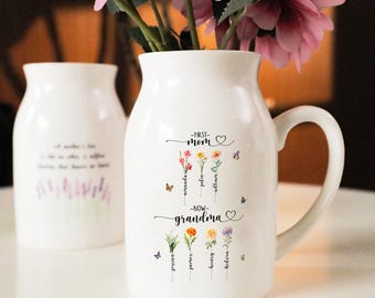 Personalized Birth Flower Flower Vase, First Mom Now Grandma Gift, Grandmas Garden Flower Vase, Grandma Gift from Grandkid, Mothers Day Gift