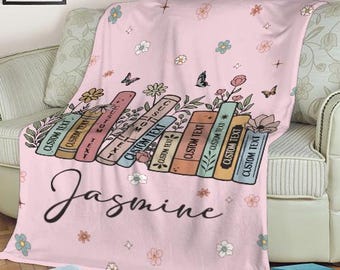 Personalized Floral Book Blanket, Custom Books & Name Library Gift for Book Lover, Favorite Book Blanket, Bookish Reader Birthday Gift Decor