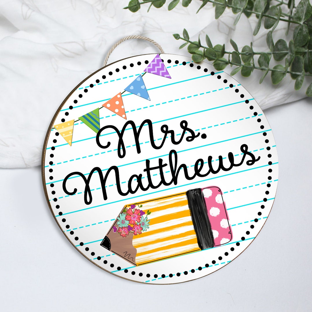 Colorful Circle Teacher Name Sign; Paper Pencil Round Sign, Teachers ...