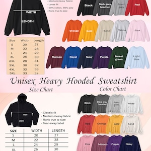 May include: Size chart for unisex heavy crewneck and hooded sweatshirts. The chart shows sizes from small to 5XL with corresponding width and length measurements in inches. The color chart shows a variety of colors for both styles of sweatshirts.