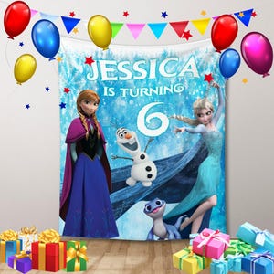 Custom Name Frozen Birthday Backdrop Banner, Disney Frozen Elsa and Anna Backdrop Wall Vinyl Decal, custom printable backdrop gift