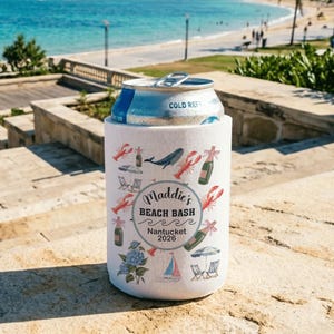 Custom Coastal Coquette Can Cooler_ Preppy New England, Nantucket, Cape Cod, Hamptons, Maine, Bachelorette Bridal Gift_ Slim and Regular Can