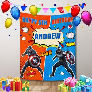 May include: A superhero-themed birthday banner with the text "HAPPY 5TH BIRTHDAY ANDREW". The banner is split into orange and blue sections, featuring Captain America illustrations and comic book sound effects. Balloons and gifts surround the banner.