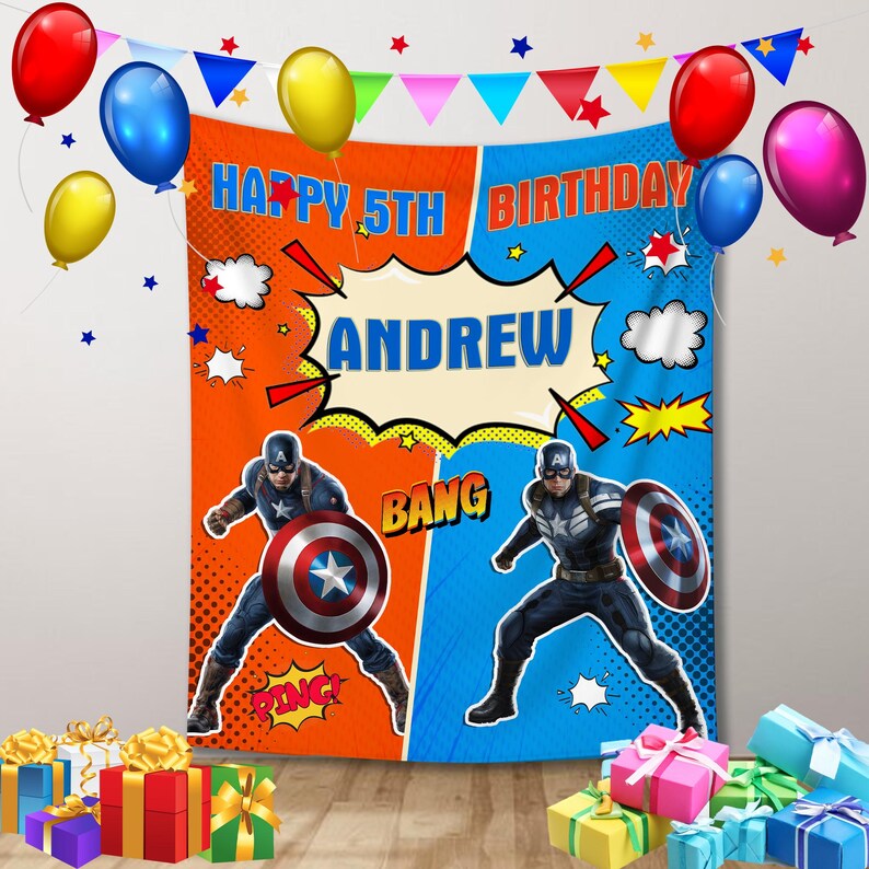 May include: A superhero-themed birthday banner with the text "HAPPY 5TH BIRTHDAY ANDREW". The banner is split into orange and blue sections, featuring Captain America illustrations and comic book sound effects. Balloons and gifts surround the banner.