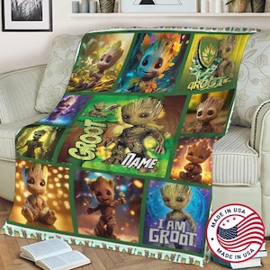 May include: A green and brown fleece blanket with a collage of images of the character Groot from the Guardians of the Galaxy movie. The blanket features different poses of Groot, including a full-body shot, a close-up of his face, and a shot of him holding a flower. The blanket also includes the text "I am Groot" and "Name".