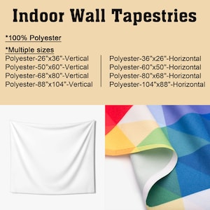 Puede incluir: Tapices de pared para interiores, 100% poli&eacute;ster. Disponibles en m&uacute;ltiples tama&ntilde;os, incluyendo 66cm x 91cm, 127cm x 152cm, 173cm x 203cm, 223cm x 264cm (vertical) y 91cm x 66cm, 152cm x 127cm, 203cm x 173cm, 264cm x 223cm (horizontal).