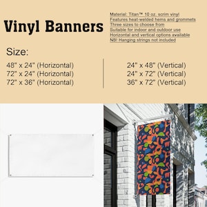 Puede incluir: Bandera de vinilo blanca con ojales, mostrada horizontalmente. La imagen tambi&eacute;n muestra una bandera con un dise&ntilde;o abstracto colorido colgada verticalmente. El texto dice "Banners de vinilo" y enumera los tama&ntilde;os disponibles, incluyendo 122cm x 61cm y 183cm x 91cm.