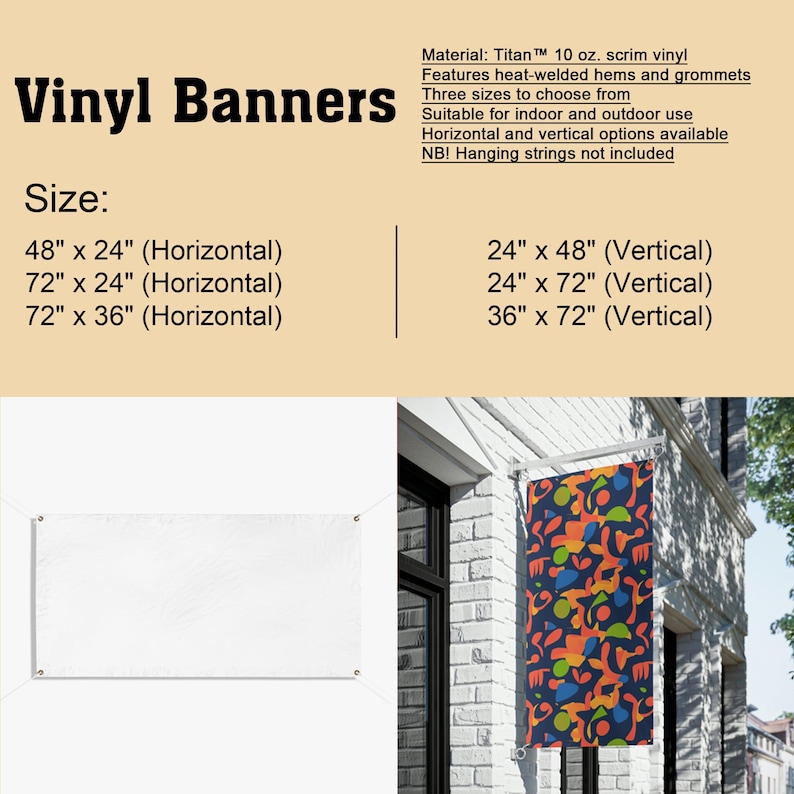 Puede incluir: Bandera de vinilo blanca con ojales, mostrada horizontalmente. La imagen tambi&eacute;n muestra una bandera con un dise&ntilde;o abstracto colorido colgada verticalmente. El texto dice "Banners de vinilo" y enumera los tama&ntilde;os disponibles, incluyendo 122cm x 61cm y 183cm x 91cm.