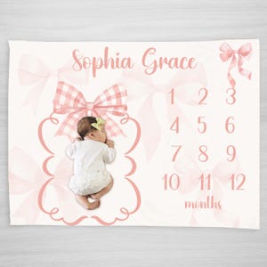 Pink Bow Milestone Blanket, Personalized Baby Girl Month Blanket, Custom Baby Girl Baby Shower Gift, Coquette Aesthetic New Mom Gift