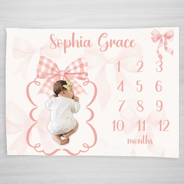 Pink Bow Milestone Blanket, Personalized Baby Girl Month Blanket, Custom Baby Girl Baby Shower Gift, Coquette Aesthetic New Mom Gift