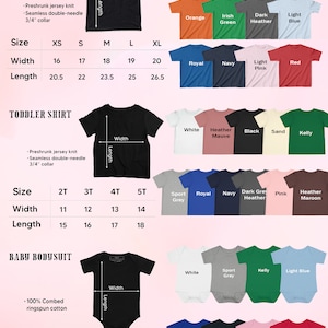 May include: Size chart for youth, toddler, and baby shirts. The chart shows the width and length measurements in inches for different sizes. The chart also shows the different colors available for each size.