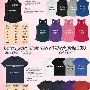 May include: Size chart for women's racerback tank tops and unisex short sleeve v-neck t-shirts. The chart shows the width and length measurements in inches for each size, from XS to 2XL. The color chart shows the different colors available for each style, including solid white, black, sport grey, royal blue, navy, purple, hot pink, red, dark grey heather, and team purple.