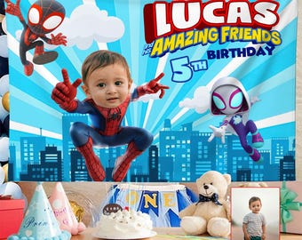 Custom Face Spidey and His Amazing Friends Kids Custom Portrait Birthday Backdrop, Spidey Personalized Birthday Backdrop Banner Gift