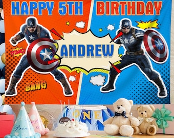 キャプテン・アメリカの誕生日バナー、キャプテン・アメリカのパーソナライズされた誕生日背景、キャプテン・アメリカのカスタマイズされたバナー
