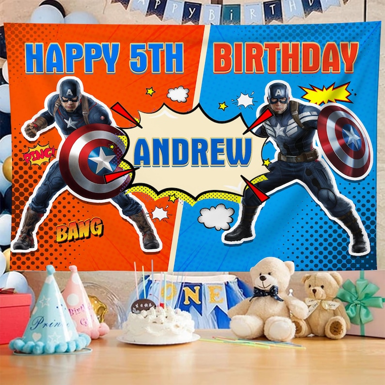 May include: A birthday banner featuring Captain America illustrations, the name "Andrew", and the text "Happy 5th Birthday". The banner is split into orange and blue sections with comic book style graphics.