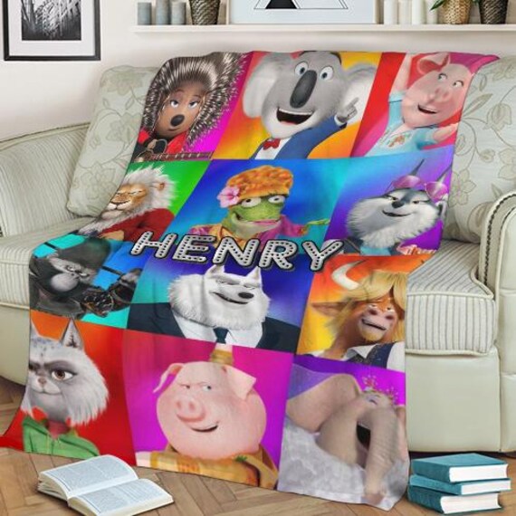 Personalize Sing Pig Blanket, Sing 2 Movie Cartoon, Birthday Gift Baby Name Blanket, Velveteen Plush Blanket, Sing Characters Blanket