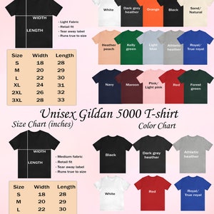May include: Size chart for Bella + Canvas 3001 and Gildan 5000 T-shirts. The chart shows the width and length in inches for sizes S-3XL and S-5XL. The color chart shows a variety of colors for each brand, including white, black, red, navy, green, and heather.