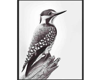 Impresión artística de pájaro carpintero en blanco y negro, póster de arte de pared, obra de arte de pintura original, decoración de obras de arte