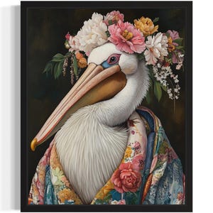 Pelican Animal With Flower Art Print, Wall Art Poster, Original Paint Artwork, Artwork Decor