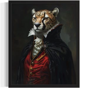 Cheetah Vampire Art Print Poster, Gothic Original Artwork, Cheetah Portrait Vintage Prints Decor