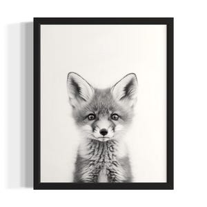 Póster artístico en blanco y negro de un zorro rojo, póster de arte mural para sala de estar, obra de arte original, decoración artística.
