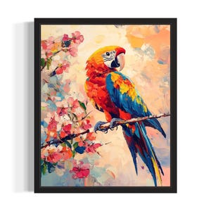 Parrot Bird with Flowers Poster Art Print, Living Room Wall Art Poster, Original Paint Artwork, Artwork Decor