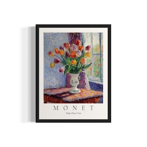 Impresión artística de bodegón de Monet con tulipanes en jarrón de flores, póster de arte de pared, obra de arte de pintura original, decoración de obras de arte
