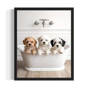 Lhasa Apso Puppies in Bathtub Poster Art Print, Bathroom Wall Art Poster, Original Paint Artwork, Artwork Decor