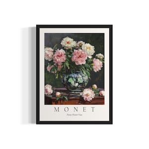 Impresión artística de bodegón de Monet con jarrón de flores de peonía, póster de arte de pared, obra de arte de pintura original, decoración de obras de arte
