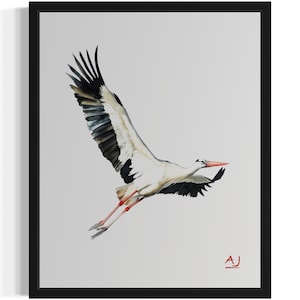 Stork Flying Bird Watercolor Art Print, Wall Art Poster, Original Paint Artwork, Artwork Decor