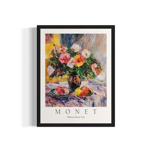 Impresión artística de bodegón de Monet con jarrón de flores de hibisco, póster de arte de pared, obra de arte de pintura original, decoración de obras de arte