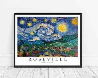 Roseville California Starry Night Art Print, Van Gogh Roseville Poster Wall Art, Original Roseville Painting Decor