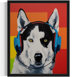 Siberian Husky with Headphones Art Print, Dog Wall Art Poster, Original Paint Artwork, Siberian Husky Gift