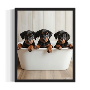 Doberman Pinscher Puppies in Bathtub Poster Art Print, Bathroom Wall Art Poster, Original Paint Artwork, Artwork Decor